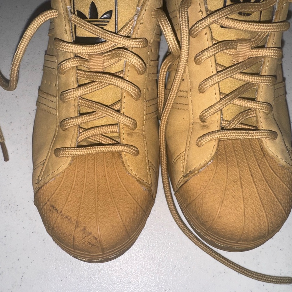 Adidas Tan Sneakers with Iconic Shell Toe and Leather Upper